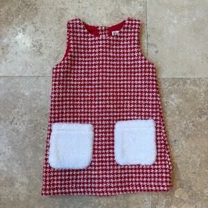 Hatley Girls Red Houndstooth Dress 2T Holiday Outfit Faux Fur, Preppy, Winter